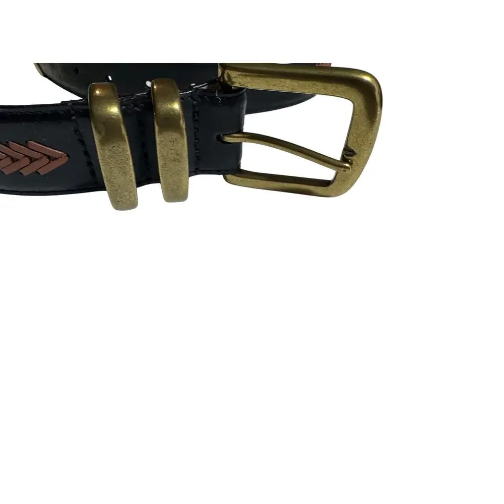 Belts By Sherman Italian Leather Belt Mens Black Woven Chevron Brass Buckle